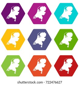Holland map icon set many color hexahedron isolated on white vector illustration