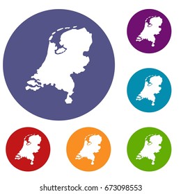 Holland map icons set in flat circle red, blue and green color for web