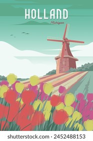 holanda michigan diseño de ilustración de póster de viaje, vista al jardín de flores con molino de viento en póster