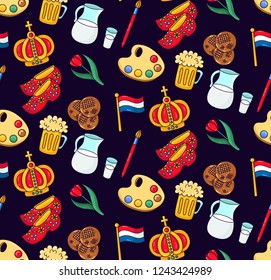 Holland netherland traditional colorful icons souvenirs doodle cartoon seamless vector pattern