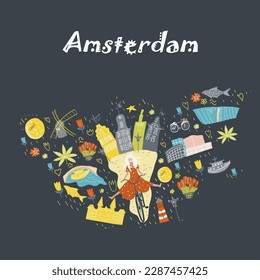 Holland, Netherlands, Amsterdam map, hand drawn vector cartoon,  Illustration for guidebook, poster, travel booklet, fashion design.Conceptual vector illustration with symbols Holland, Netherlands, Am