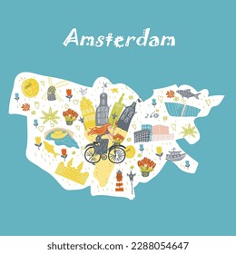 Holland, Netherlands, Amsterdam map, hand drawn vector cartoon,  Illustration for guidebook, poster, travel booklet, fashion design.Conceptual vector illustration with symbols Holland, Netherlands, Am