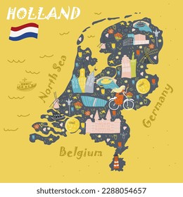 Holland, Netherlands, Amsterdam map, hand drawn vector cartoon,  Illustration for guidebook, poster, travel booklet, fashion design.Conceptual vector illustration with symbols Holland, Netherlands, Am