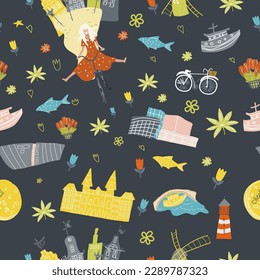 Holland, Netherlands, Amsterdam map, hand drawn vector cartoon, seamless pattern, wrapping paper, for travel guide, poster, travel booklet, fashion design.