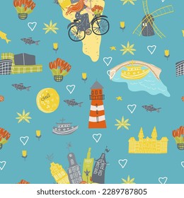 Holland, Netherlands, Amsterdam map, hand drawn vector cartoon, seamless pattern, wrapping paper, for travel guide, poster, travel booklet, fashion design.