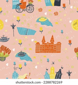 Holland, Netherlands, Amsterdam seamless pattern, hand drawn vector cartoon,  Illustration for guidebook, poster, travel booklet, fashion design.