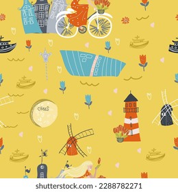 Holland, Netherlands, Amsterdam seamless pattern, hand drawn vector cartoon,  Illustration for guidebook, poster, travel booklet, fashion design.