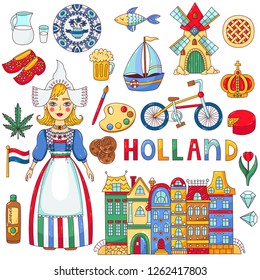 Holland Netherlands doodle cartoon colorful traditional national symbols vector icons set