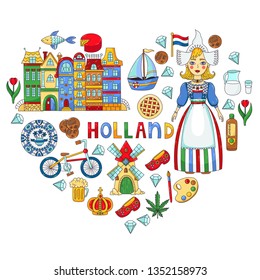 Holland Netherlands doodle colorful icons and word Holland vector set 