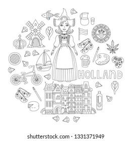 Holland Netherlands doodle line icons traditional symbols set in circle design 