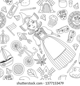 Holland Netherlands doodle line icons seamless vector pattern