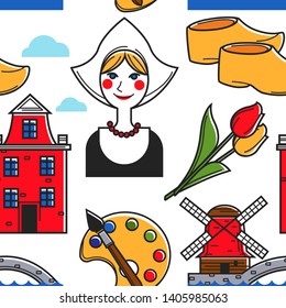 Holland or Netherlands symbols seamless pattern vector nun woman and clogs footwear tulip flower and palette with paintbrush endless texture mill and bridge town house nature and architecture or art