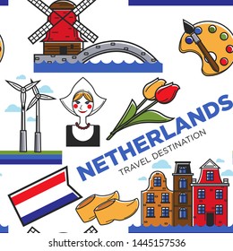 Holland or Netherlands symbols seamless pattern vector nun woman and clogs footwear tulip flower and windmill endless texture bridge and national flag town house nature and architecture or art.