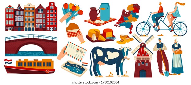 Holland netherlands tourism travel icon set with amsterdam architecture building, attractions,famous tourists landmarks vector illustration. Hollander people, windmill, holland map and dutch food.