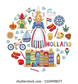 Holland Netherlands traditional symbols souvenirs and girl in national clothes vector set