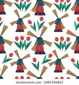 Holland, Netherlands, Windmills and tulips pattern seamless background texture repeat wallpaper vector.