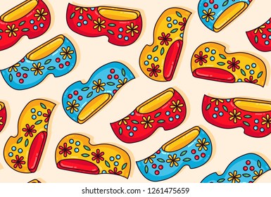Holland netherlands wooden shoes clogs colorful cartoon seamless vector pattern