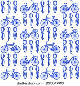 Holland pattern with bicycles and tulips in Delft blue color.