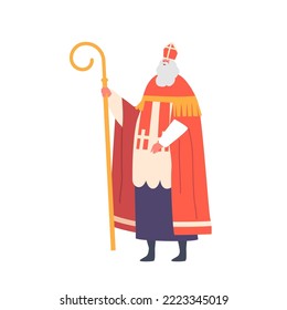 Holland Santa Claus Character in Red Traditional Costume and Curve Staff in Hand Isolated on White Background. Winter Season Holidays Merry Christmas and Happy New Year. Cartoon Vector Illustration