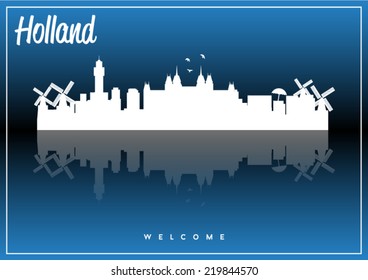 Holland skyline silhouette vector design on parliament blue background.