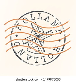 Holland Stamp Postal. Windmill Silhouette Seal. Passport Round Design. Vector Icon. Design Retro Travel.