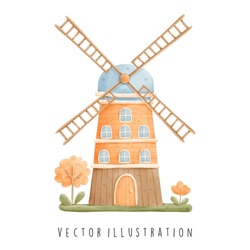 Holland Symbol Landmarks With Windmill In Watercolor Style. Vector Illustration