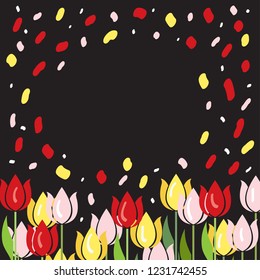 Holland symbol, Spring background. Tulip Flowers and Brushstrokes stains. Colorful modern card, banner, poster, print template. Spring blooming garden.