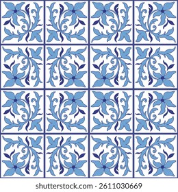 Holland traditional painted ceramic tiles. Monochrome blue floral ornament. Blue curved flowers and leaves on white background. Rustic style seamless pattern. Vintage square mosaic tile