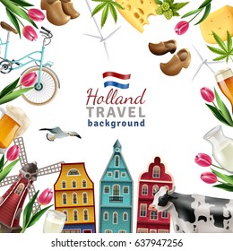 Holland travel cultural and sightseeing  symbols frame background poster with tulips wooden clogs and windmills vector illustration  