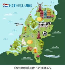 Holland travel sightseeing map with culture traditions national cheese beer clogs tulips and windmills symbols vector illustration 