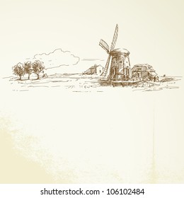 holland windmill - hand drawn illustration