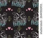 Holland-themed seamless pattern with windmills and hearts