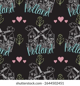 Holland-themed seamless pattern with windmills and hearts