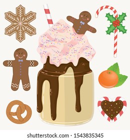 Holliday bright vector illustration. Christmas objects cakes, cocktail, orange and candy