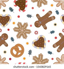 Holliday bright vector seamless pattern. Christmas objects, cakes, and candies