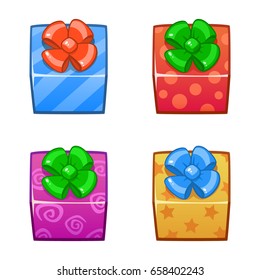 Holliday Gift Box set. Four different wrapping presents vector illustrations. Stars, Twirls, dots and stripes. Bows on top