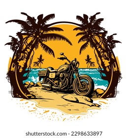 Holliday road trip by motorbike. Silhouettes of palm trees with the setting sun in the background. cartoon vector illustration, white background, label, sticker, t-shirt design