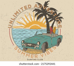 Viaje por carretera en Holliday. Obra vectorial de puesta de sol en la playa para prendas de vestir, pegatinas, carteles, fondo y otros. Aventura en la playa. Diseño vectorial vintage de vibraciones de verano. 