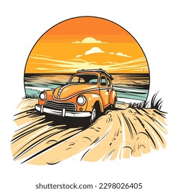 Holliday Road Trip mit dem Auto. Parkplatz am Strand mit Sonnenuntergang im Hintergrund. Cartoon, Vektorgrafik. Etikett, Aufkleber, T-Shirt-Druck