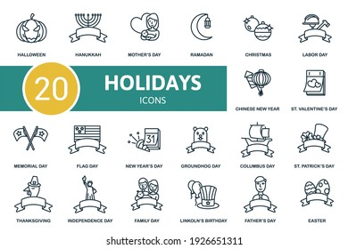 Hollidays icon set. Contains editable icons hollidays theme such as groundhog day, lincoln's birthday, st. patrick's day and more.