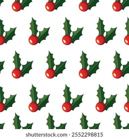 Hollies pattern. Holly pattern for wrapping paper. Holly seamless background. Holly seamless fot textile. Christmas hollies winter berries seamless repeat pattern. Christmas hollies repeating pattern