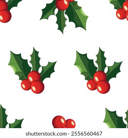 Hollies pattern. Holly pattern for wrapping paper. Holly seamless background. Holly seamless fot textile. Christmas hollies winter berries seamless repeat pattern. Christmas hollies repeating pattern