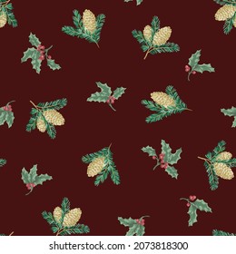 Hollies and pine cones background allover repeat design