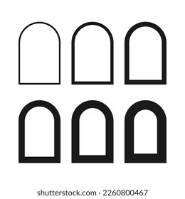 Hollow arch stroke shape icon set. A group of 6 archway line shapes with varying degrees of thickness. Isolated on a white background.