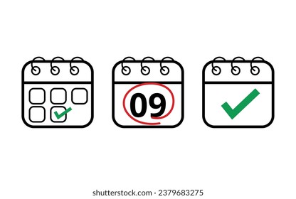 Hollow calendar flat icons isolated on white background for websites, blogs and graphic resources. Calendar icon marked on day 09.