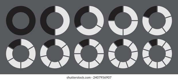 Hollow circle divided into 1-10 parts icon set. Hollow circle segment diagram in 1-10 parts graph icon pie shape section chart in black-white color. Hollow circle divided in ten parts infographics.