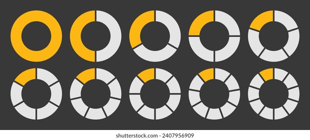 Hollow circle divided into 1-10 parts icon set. Hollow circle segment diagram in 1-10 parts graph icon pie shape section chart in yellow-white color. Hollow circle divided in ten parts infographics.