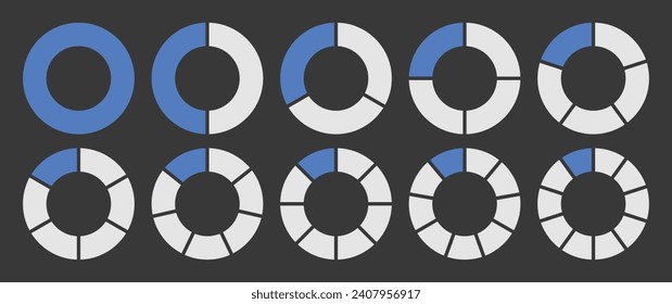 Hollow circle divided into 1-10 parts icon set. Hollow circle segment diagram in 1-10 parts graph icon pie shape section chart in blue and white color. Hollow circle divided in ten parts infographics.