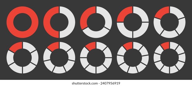 Hollow circle divided into 1-10 parts icon set. Hollow circle segment diagram in 1-10 parts graph icon pie shape section chart in red and white color. Hollow circle divided in ten parts infographics.