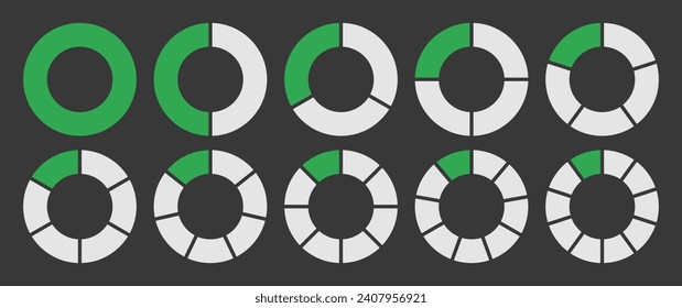 Hollow circle divided into 1-10 parts icon set. Hollow circle segment diagram in 1-10 parts graph icon pie shape section chart in green-white color. Hollow circle divided in ten parts infographics.